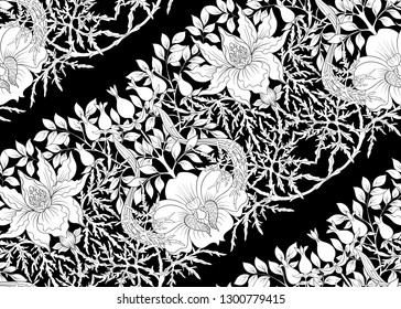 Floral Seamless pattern, background with In art nouveau style, vintage, old, retro style. Black and white graphics. Vector illustration.
