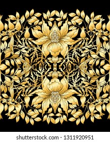 Floral Seamless pattern, background with In art nouveau style, vintage, old, retro style. In gold and black
Vector illustration in gold colors. 
