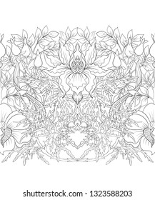 Floral Seamless pattern, background with In art nouveau style, vintage, old, retro style. Outline, Black-and-white graphics. Vector illustration.
