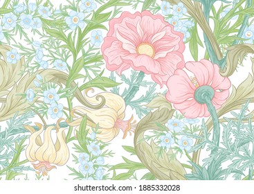 Floral Seamless pattern, background with In art nouveau style, vintage, old, retro style. Colored vector illustration. Isolated on white background..