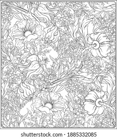 Floral Seamless pattern, background with In art nouveau style, vintage, old, retro style. Outline vector illustration. Coloring page for the adult coloring book. .