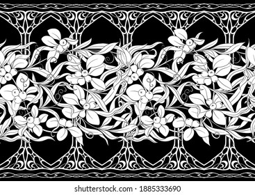Floral Seamless pattern, background In art nouveau style, vintage, old, retro style. Black and white graphics vector illustration..