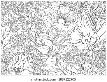 Floral Seamless pattern, background with In art nouveau style, vintage, old, retro style. Outline vector illustration. Coloring page for the adult coloring book. .