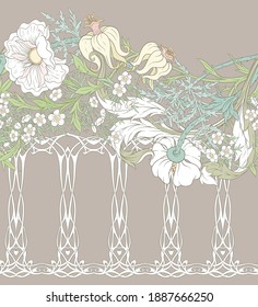 Floral Seamless patrón, fondo con estilo Art Nouveau In, vintage, antiguo, retro estilo. Diseño de colores y contorno. Ilustración vectorial.