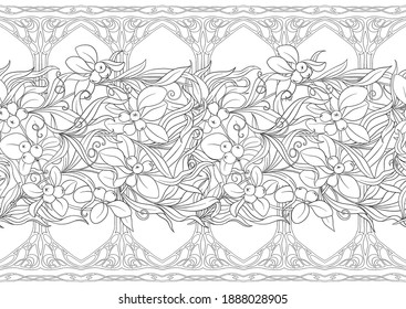 Floral Seamless pattern, background In art nouveau style, vintage, old, retro style. Outline vector illustration Isolated on white background..