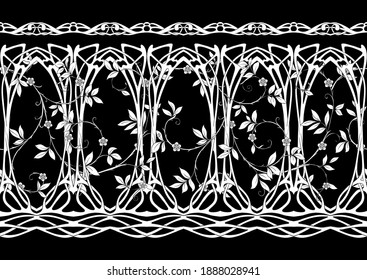 Floral Seamless pattern, background In art nouveau style, vintage, old, retro style. Black and white graphics vector illustration..