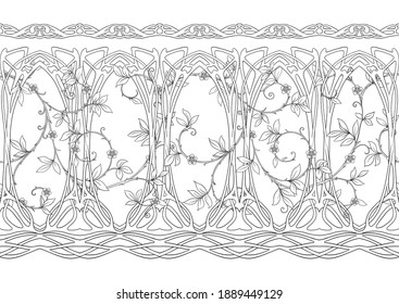Floral Seamless pattern, background In art nouveau style, vintage, old, retro style. Outline vector illustration Isolated on white background..
