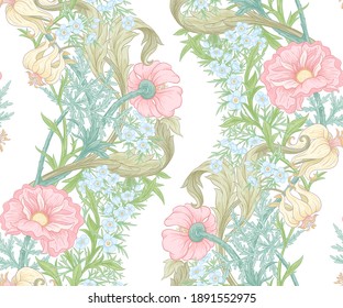 Floral Seamless pattern, background with In art nouveau style, vintage, old, retro style. Colored vector illustration. Isolated on white background..