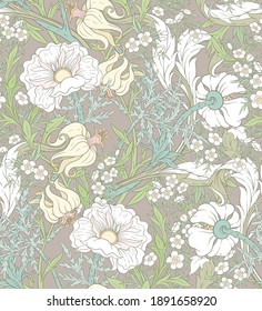 Floral Seamless pattern, background with In art nouveau style, vintage, old, retro style. Colored and outline design. Vector illustration.