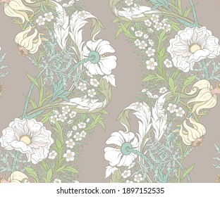 Floral Seamless pattern, background with In art nouveau style, vintage, old, retro style. Colored and outline design. Vector illustration.