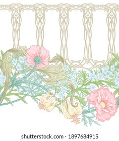 Floral Seamless pattern, background with In art nouveau style, vintage, old, retro style. Colored vector illustration. Isolated on white background..