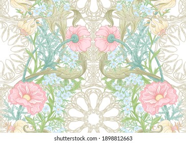 Blumenmuster Nahtlose Muster, Hintergrund im Jugendstil, Vintage, alt, Retro-Stil. Farbige Vektorgrafik. Einzeln auf weißem Hintergrund.