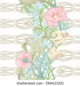 Floral Seamless pattern, background with In art nouveau style, vintage, old, retro style. Colored vector illustration. Isolated on white background..