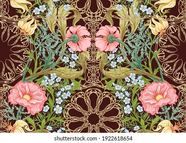 Floral Seamless pattern, background with In art nouveau style, vintage, old, retro style. Colored vector illustration..