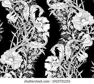 Floral Seamless pattern, background with In art nouveau style, vintage, old, retro style. Black and white graphics vector illustration..