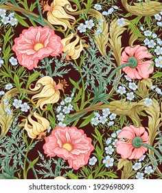 Floral Seamless pattern, background with In art nouveau style, vintage, old, retro style. Colored vector illustration..