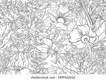 Floral Seamless pattern, background with In art nouveau style, vintage, old, retro style. Outline graphic vector illustration..