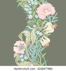 Floral Seamless pattern, background with In art nouveau style, vintage, old, retro style. Colored vector illustration..