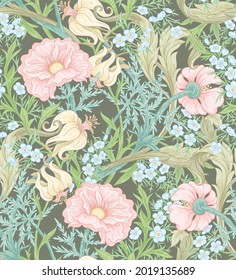 Blumenmuster Nahtlose Muster, Hintergrund im Jugendstil, Vintage, alt, Retro-Stil. Farbige Vektorgrafik..