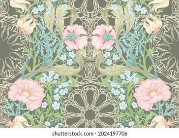 Floral Seamless pattern, background with In art nouveau style, vintage, old, retro style. Colored vector illustration..