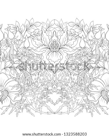 Floral Seamless pattern, background with In art nouveau style, vintage, old, retro style. Outline, Black-and-white graphics. Vector illustration.
