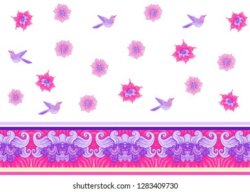 Floral Seamless pattern, background with bird  In art nouveau style, vintage, old, retro style. Colored vector illustration.
