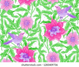 Floral Seamless pattern, background with bird  In art nouveau style, vintage, old, retro style. Colored vector illustration.
