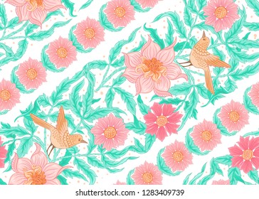 Floral Seamless pattern, background with bird  In art nouveau style, vintage, old, retro style. Colored vector illustration.

