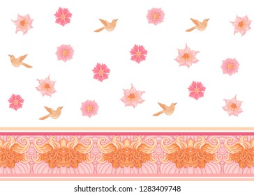 Floral Seamless pattern, background with bird  In art nouveau style, vintage, old, retro style. Colored vector illustration.
