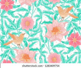Floral Seamless pattern, background with bird  In art nouveau style, vintage, old, retro style. Colored vector illustration.

