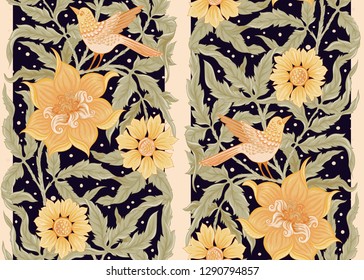 Floral Seamless pattern, background with bird  In art nouveau style, vintage, old, retro style. Colored vector illustration.
