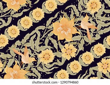 Floral Seamless pattern, background with bird  In art nouveau style, vintage, old, retro style. Colored vector illustration.
