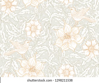 Floral Seamless pattern, background with bird  In art nouveau style, vintage, old, retro style. Colored vector illustration.
