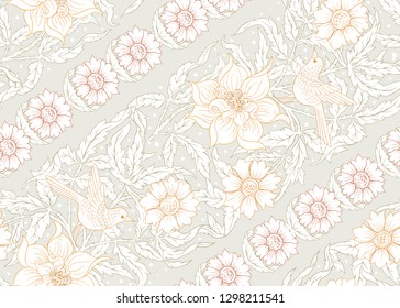 Floral Seamless pattern, background with bird  In art nouveau style, vintage, old, retro style. Colored vector illustration.
