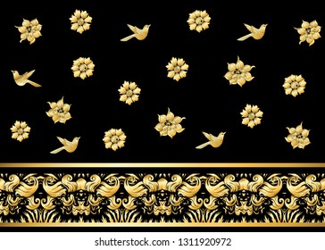 Floral Seamless pattern, background with bird  In art nouveau style, vintage, old, retro style. In gold and black
Vector illustration in gold colors. 
