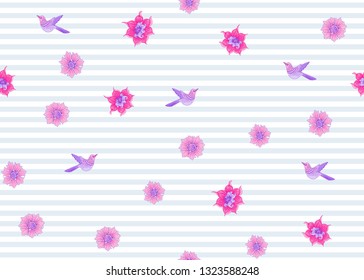 Floral Seamless pattern, background with bird  In art nouveau style, vintage, old, retro style. Colored vector illustration.
