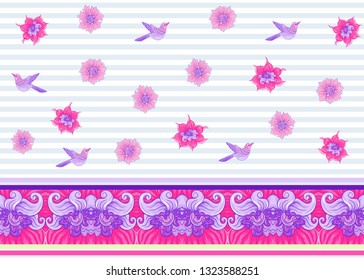 Floral Seamless pattern, background with bird  In art nouveau style, vintage, old, retro style. Colored vector illustration.
