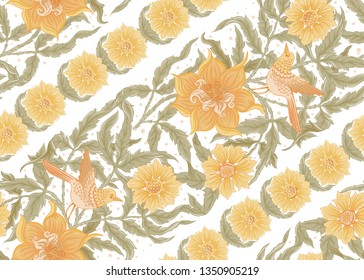 Floral Seamless pattern, background with bird  In art nouveau style, vintage, old, retro style. Colored vector illustration.
