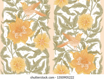 Floral Seamless pattern, background with bird  In art nouveau style, vintage, old, retro style. Colored vector illustration.
