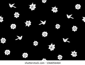 Floral Seamless pattern, background with bird  In art nouveau style, vintage, old, retro style. Black and white graphics. Vector illustration.