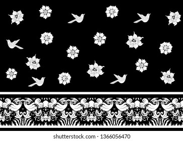 Floral Seamless pattern, background with bird  In art nouveau style, vintage, old, retro style. Black and white graphics. Vector illustration.