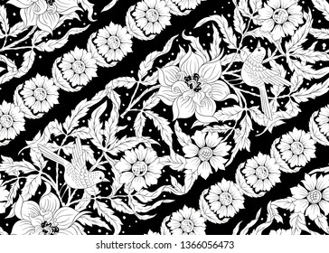 Floral Seamless pattern, background with bird  In art nouveau style, vintage, old, retro style. Black and white graphics. Vector illustration.