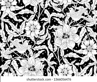 Floral Seamless pattern, background with bird  In art nouveau style, vintage, old, retro style. Black and white graphics. Vector illustration.