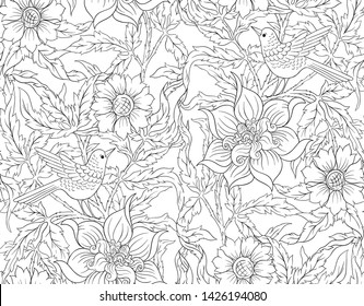Floral Seamless pattern, background with bird  In art nouveau style, vintage, old, retro style. Outline hand drawing vector illustration.

