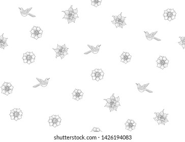 Floral Seamless pattern, background with bird  In art nouveau style, vintage, old, retro style. Outline hand drawing vector illustration.

