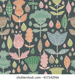 Floral seamless pattern background with birds. Background for coloring book. Floral, retro, doodle, vector design element. Vector illustration.
