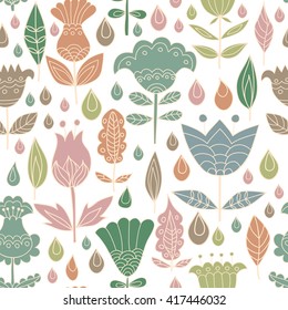 Floral seamless pattern background with birds. Background for coloring book. Floral, retro, doodle, vector design element. Vector illustration.