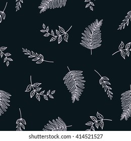 floral seamless pattern background with branches and leaves. Black branches with leaves in white background. Packing or wrapping paper design texture template. Vector illustration.