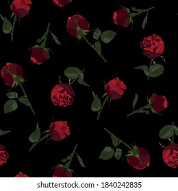 Floral seamless pattern, background design: garden red Rose, green leaves. Watercolor elegant, cute illustration. Black background.