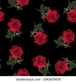 Floral seamless pattern, background design: garden red Rose, green leaves. Elegant, cute illustration. Black background.